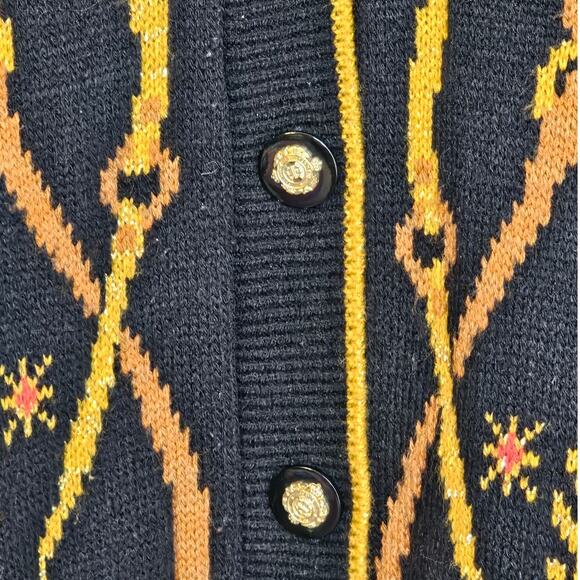 Vintage Norton McNaughton Black Cardigan Sweater w/ Metallic Crest Chain Motif - Picture 3 of 6